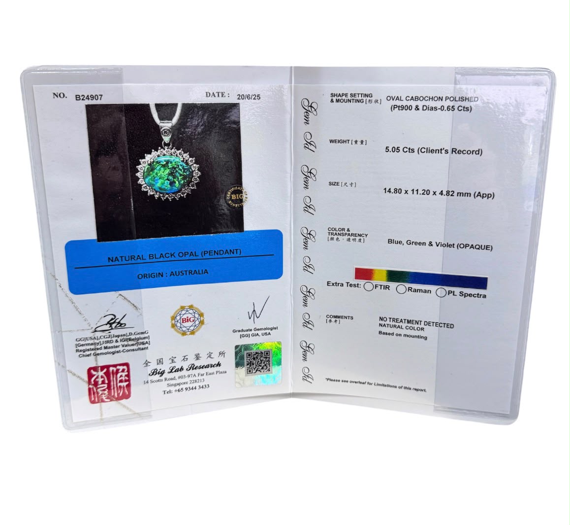 PT900 Black Opal=5.05cts,Diamond Pendant With Cert