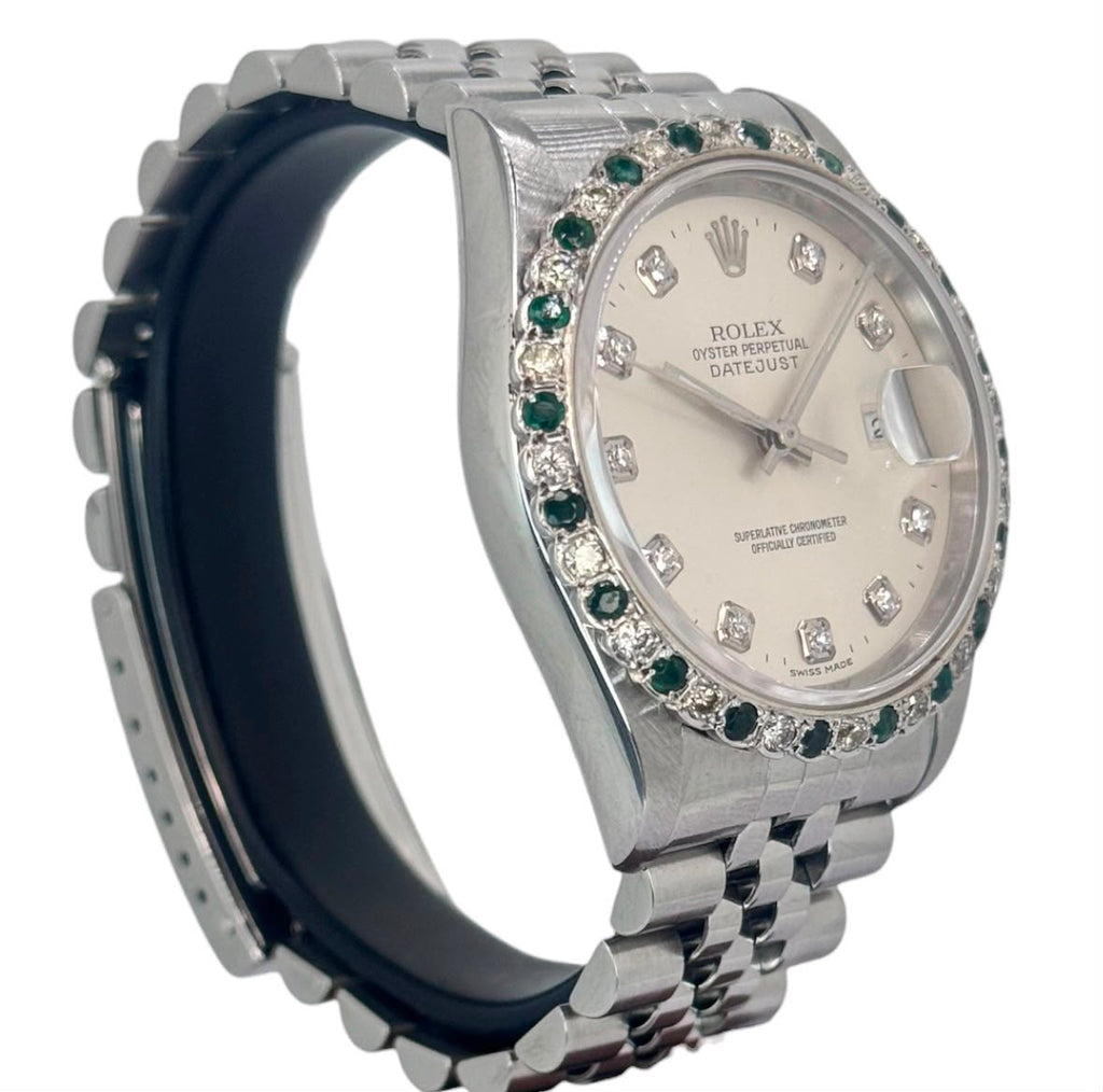 Rolex 16234 Datejust Diamond Dial, Custom Emerald Diamond Bezel Automatic Watch, 36mm