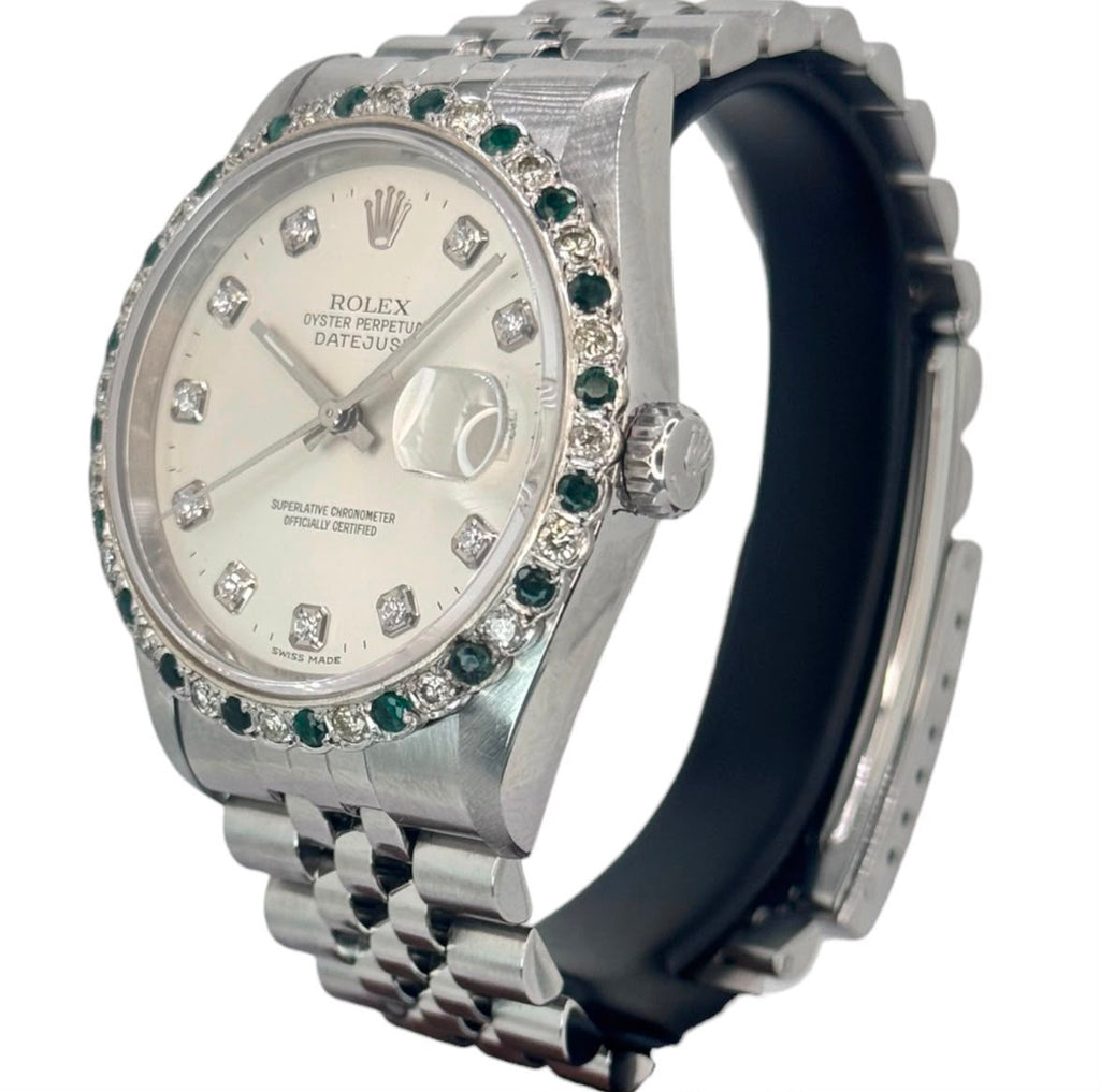 Rolex 16234 Datejust Diamond Dial, Custom Emerald Diamond Bezel Automatic Watch, 36mm