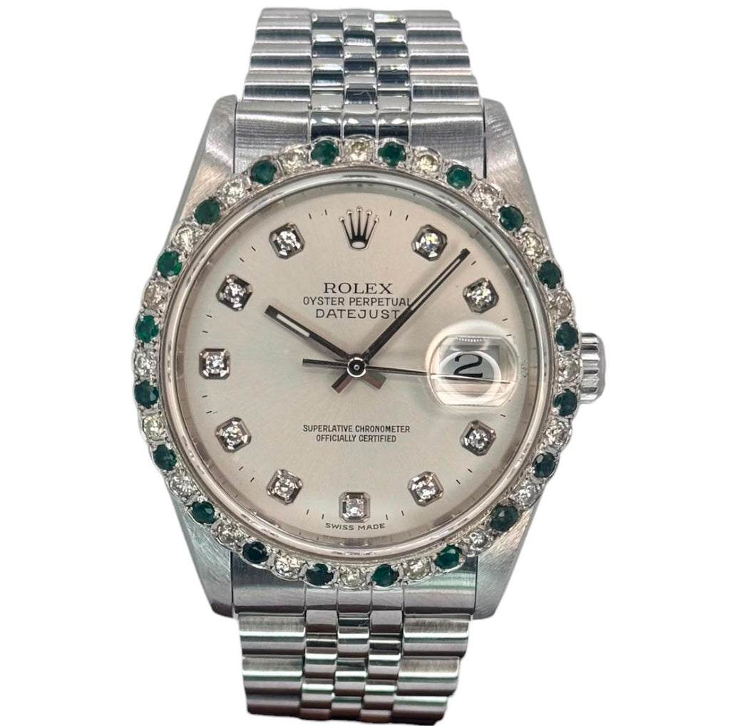 Rolex 16234 Datejust Diamond Dial, Custom Emerald Diamond Bezel Automatic Watch, 36mm