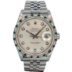 Rolex 16234 Datejust Diamond Dial, Custom Emerald Diamond Bezel Automatic Watch, 36mm