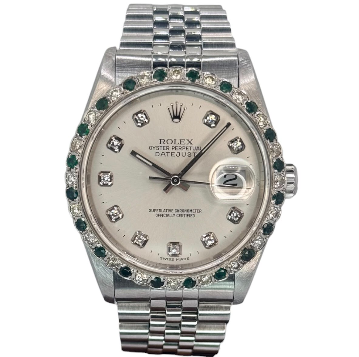 Rolex 16234 Datejust Diamond Dial, Custom Emerald Diamond Bezel Automatic Watch, 36mm