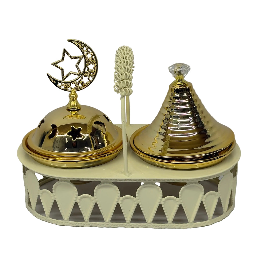 2-Piece White & Gold Incense Burner Set with Container - A5-5