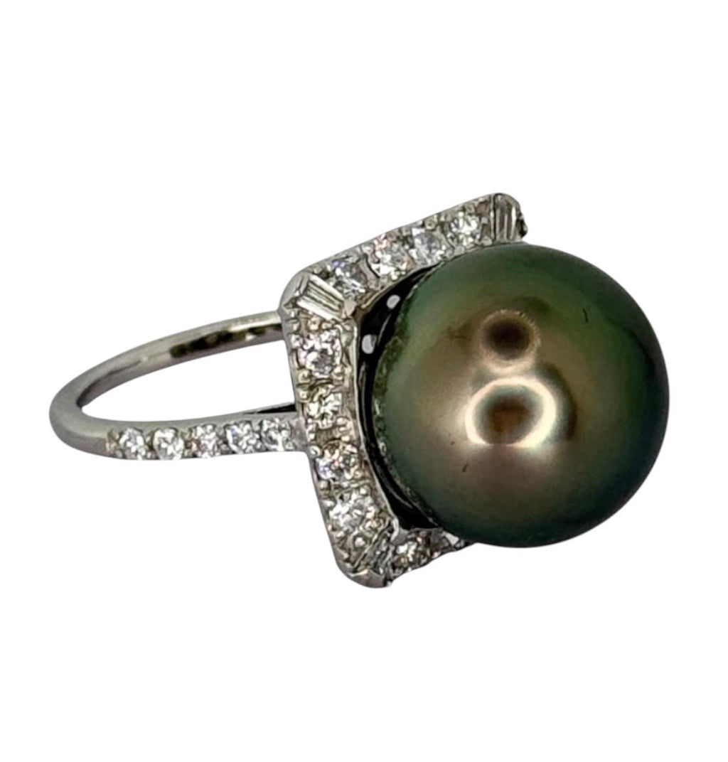 PT900 Black South Sea Pearl 13mm, Diamond Ring With Cert