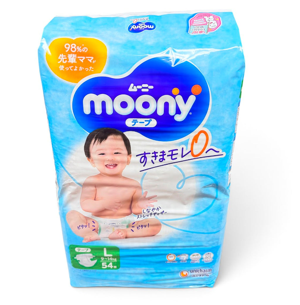 Moony Air Fit Tape Baby Diapers, L, 9-14kg, 54 Pcs x 4 Packs, Carton