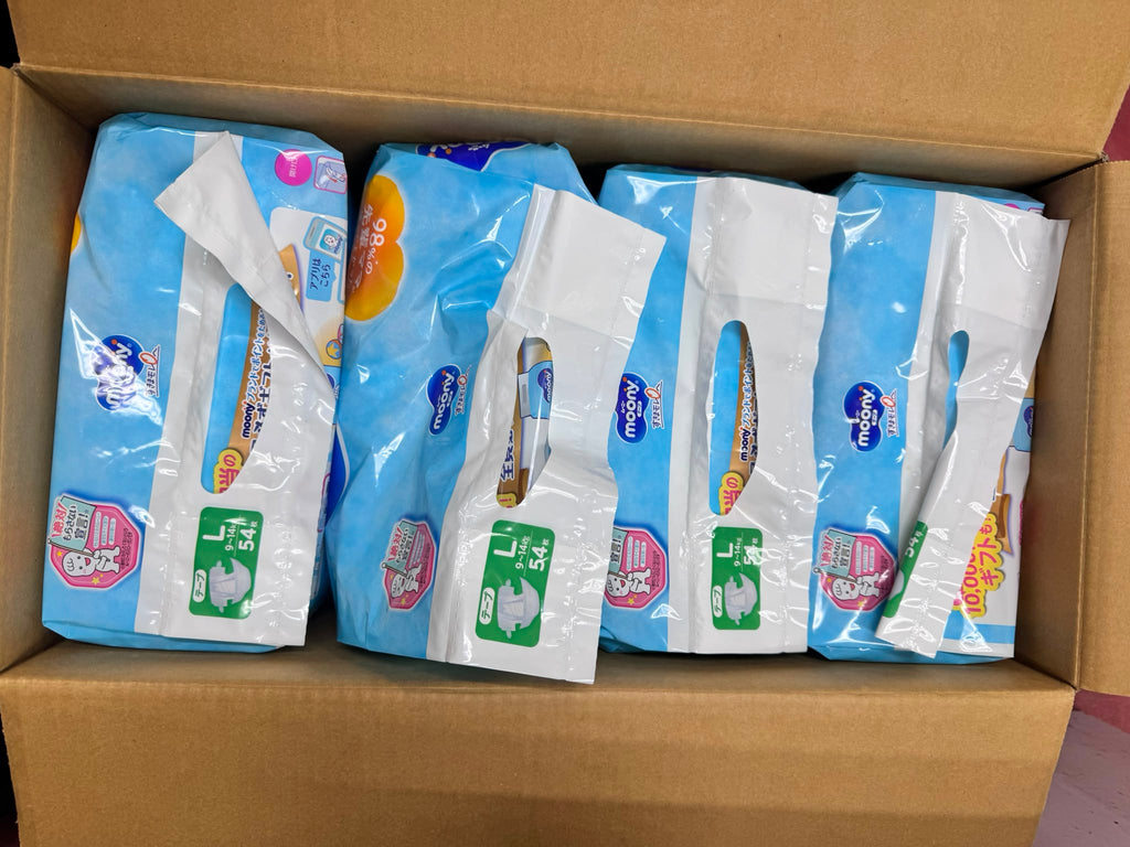 Moony Air Fit Tape Baby Diapers, L, 9-14kg, 54 Pcs x 4 Packs, Carton