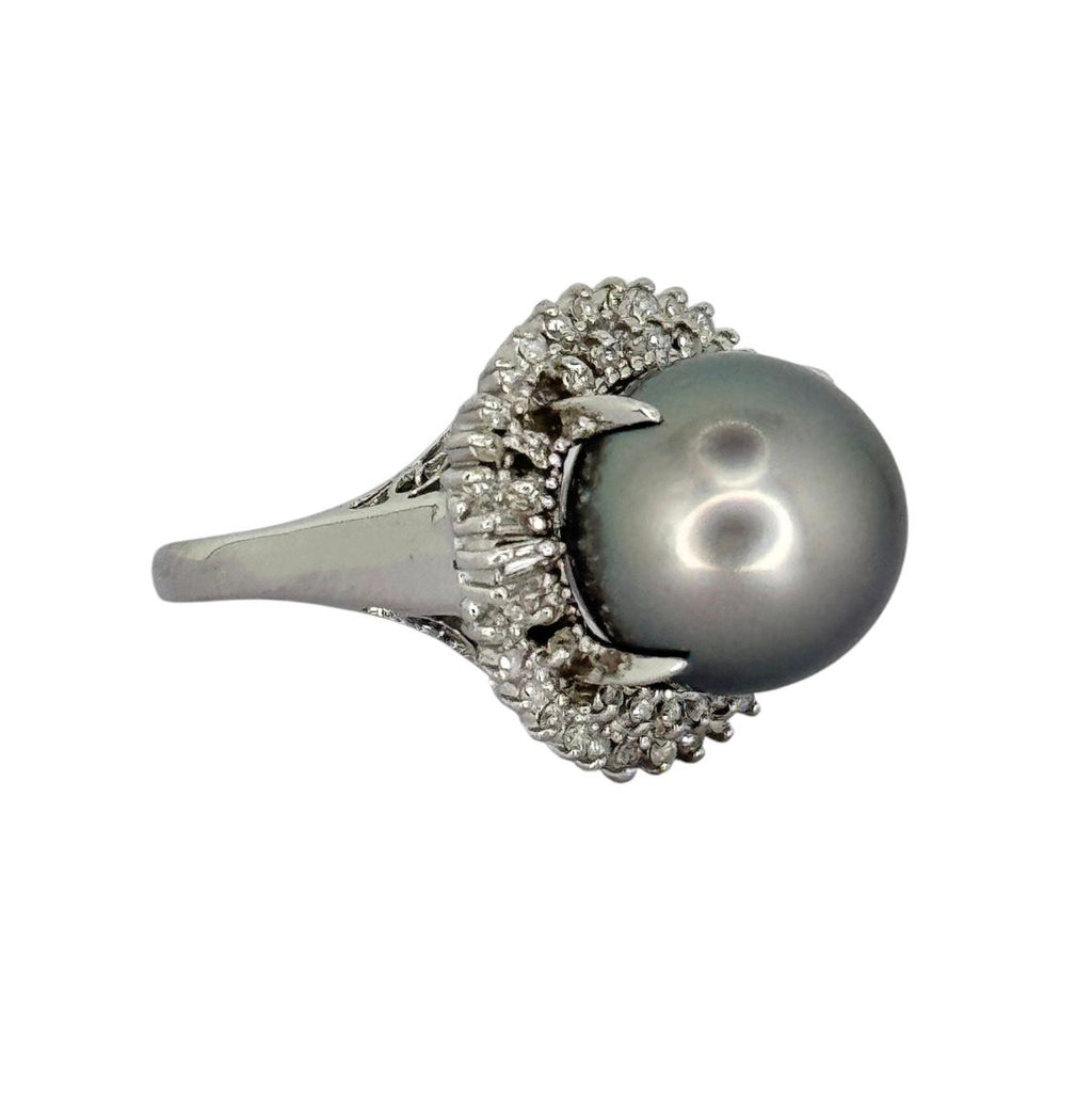 PT900 Black South Sea Pearl 12.3mm, Diamond=0.39cts Ring With Cert