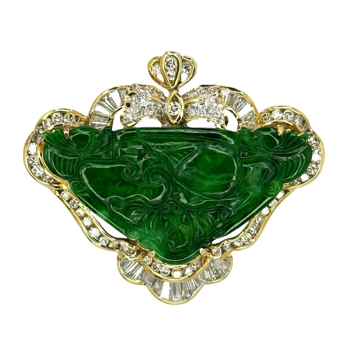750YG Carved Foliage A Jade Diamond Pendant With Cert Main image