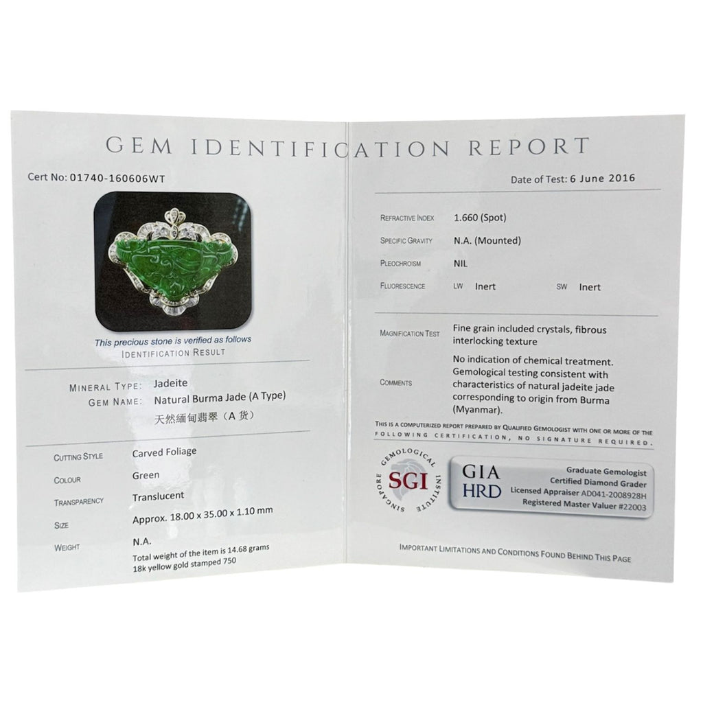 750YG Carved Foliage A Jade Diamond Pendant With Cert