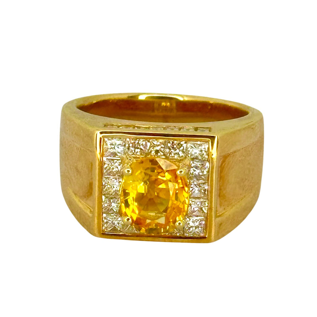 18KYG Yellow Sapphire=2.18ct , Diamond Men Ring With Cert