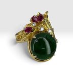 Natural Green Jadeite 'A' With Ruby Lady's Ring 18K Yellow Gold