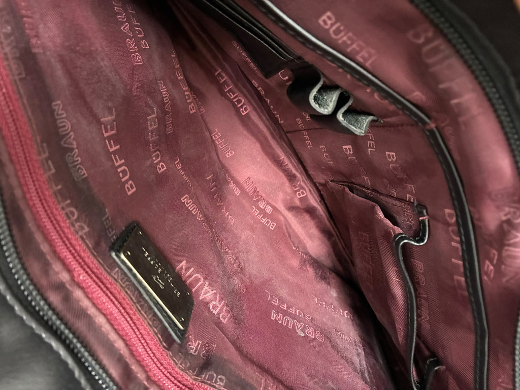 Braun Buffel Black Leather Messenger Bag Embossed Wave Pattern Flap