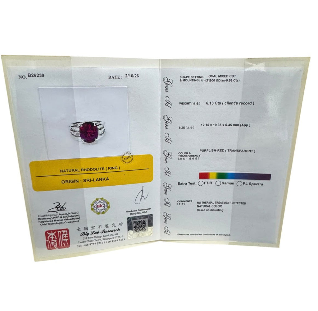 PT900 Rhodolite Red Garnet=6.13ct, Diamond=0.56ct Ring With Cert