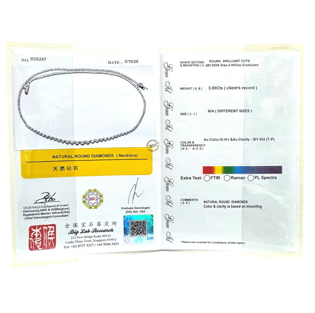 PT850 Diamond =3ct, Tennis Necklace With Cert, Length:42cm