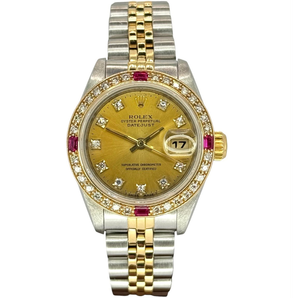 Rolex 69173 Datejust Half Gold Custom Diamond Ruby Bezel, Diamond Index Watch, 26mm