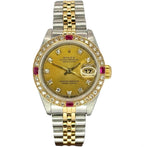 Rolex 69173 Datejust Half Gold Custom Diamond Ruby Bezel, Diamond Index Watch, 26mm