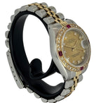 Rolex 69173 Datejust Half Gold Custom Diamond Ruby Bezel, Diamond Index Watch, 26mm