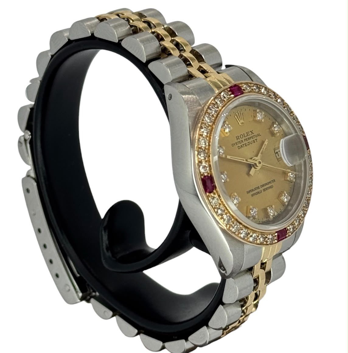 Rolex 69173 Datejust Half Gold Custom Diamond Ruby Bezel, Diamond Index Watch, 26mm