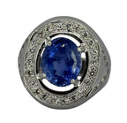 750WG Blue Sapphire=5.87ct, Diamond Men Ring With Cert