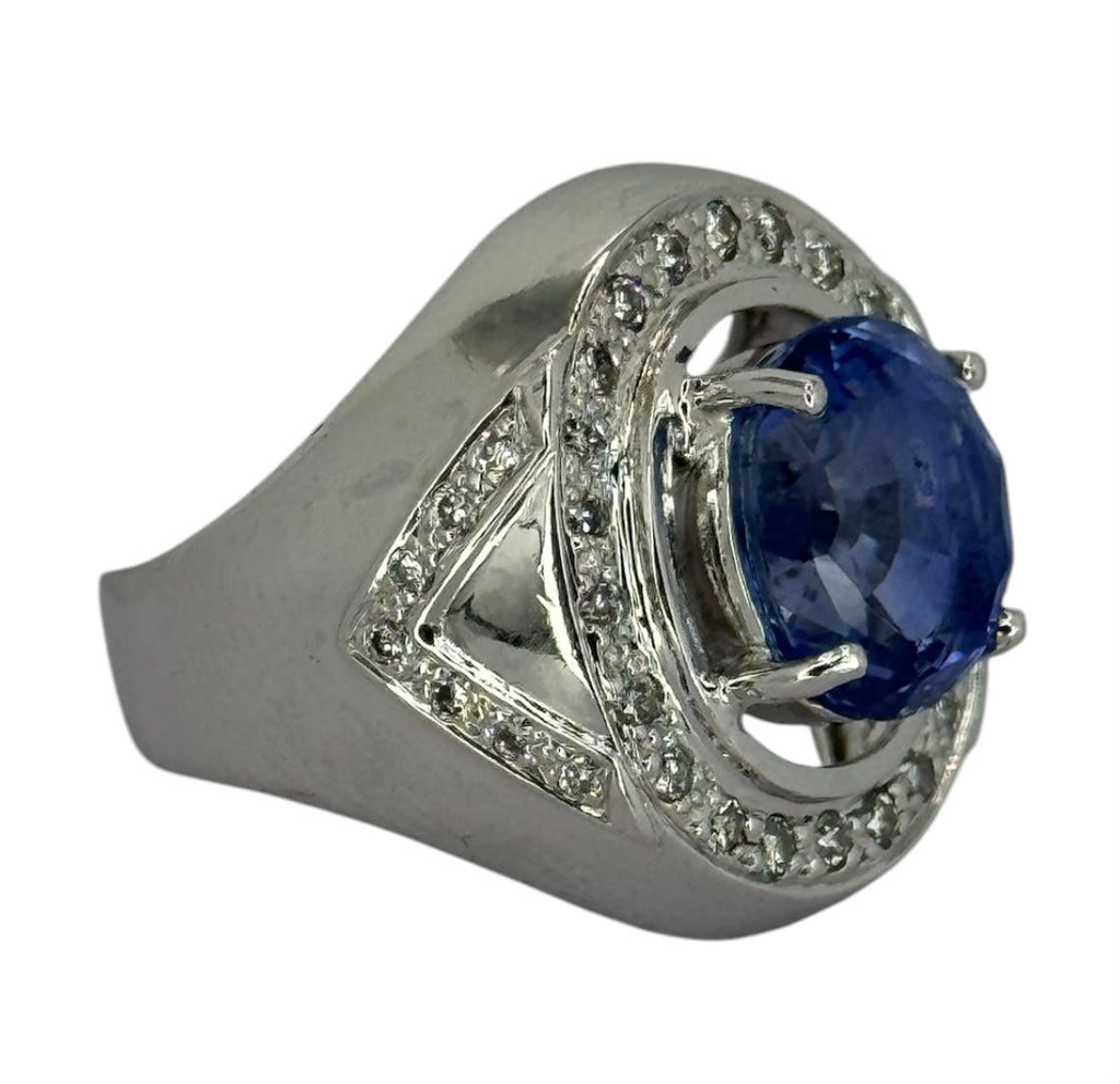 750WG Blue Sapphire=5.87ct, Diamond Men Ring With Cert