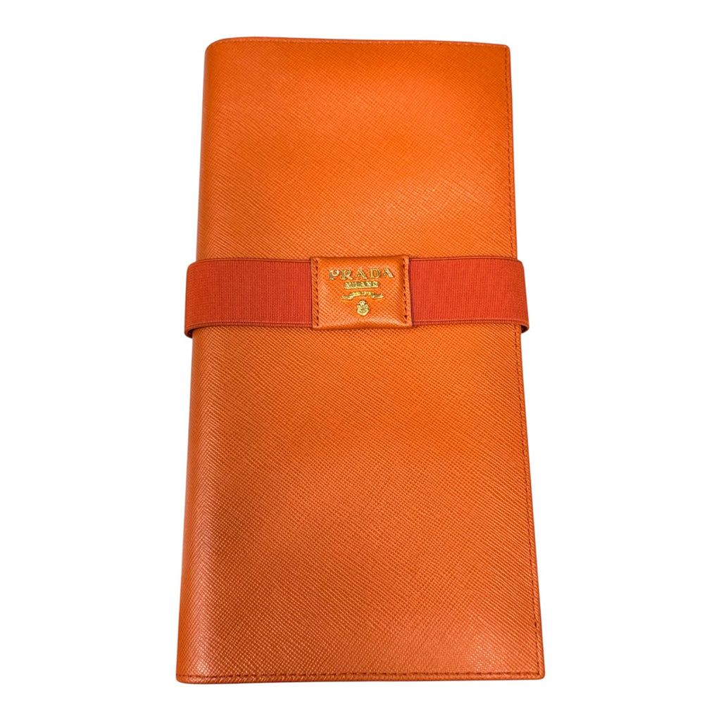 Prada Orange Saffiano With Stretch Band Clutch Wallet