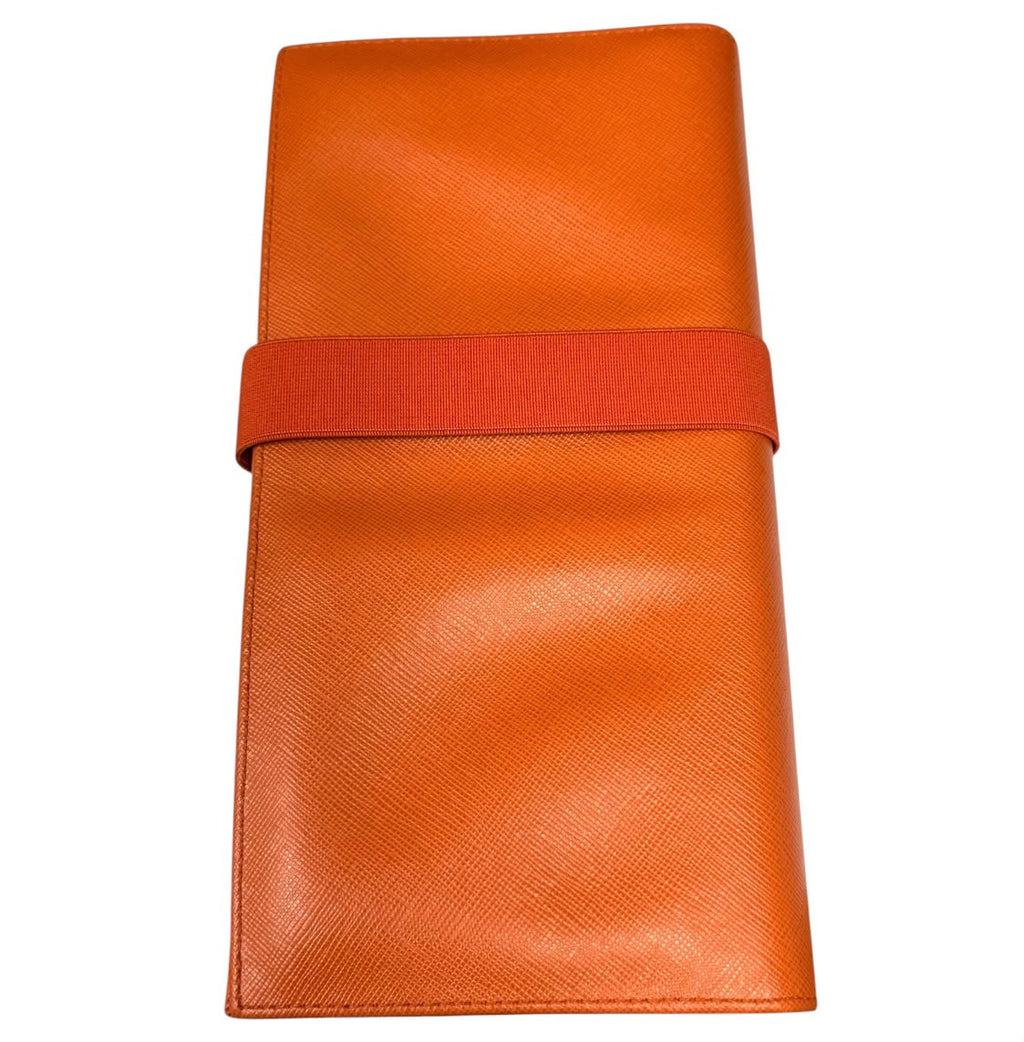 Prada Orange Saffiano With Stretch Band Clutch Wallet