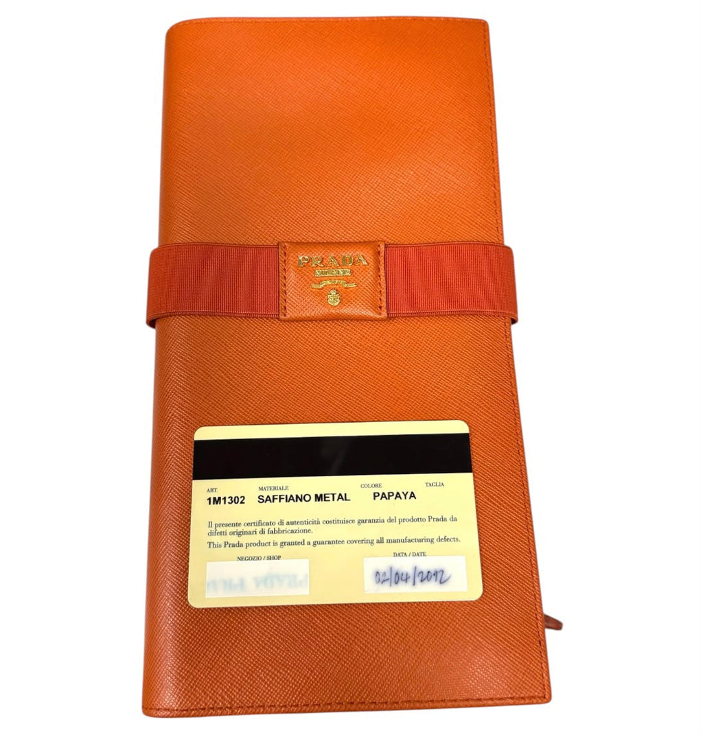 Prada Orange Saffiano With Stretch Band Clutch Wallet
