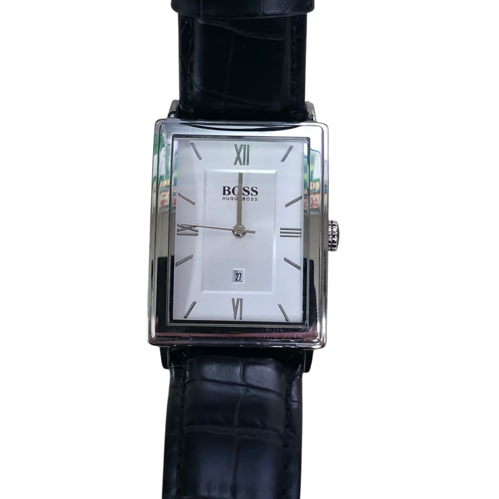 Hugo Boss Men Quartz Watch Square White Dial Black Strap