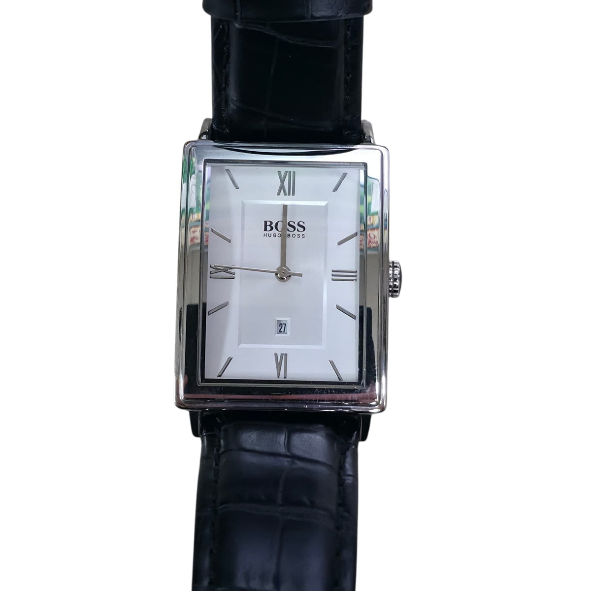 Hugo Boss Men Quartz Watch Square White Dial Black Strap