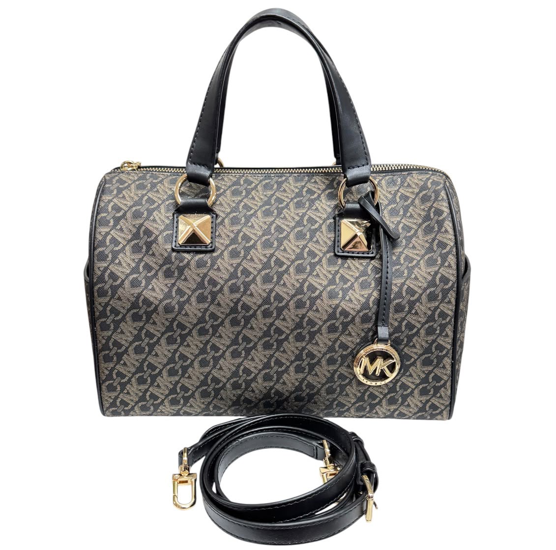 Michael Kors MK Grayson Medium Metallic Empire Signature Logo Satchel With Sling Strap