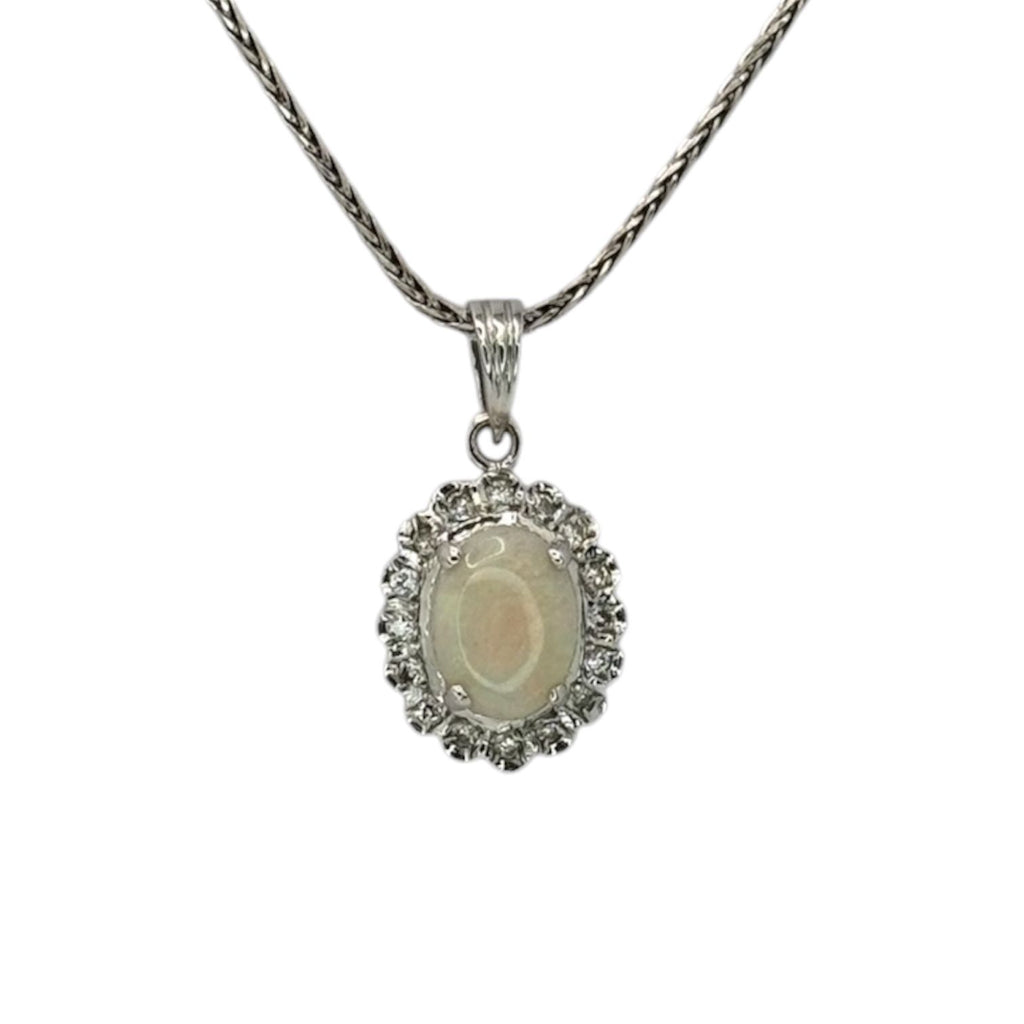 18K White Gold Opal Diamond Pendant With Necklace 4.5G