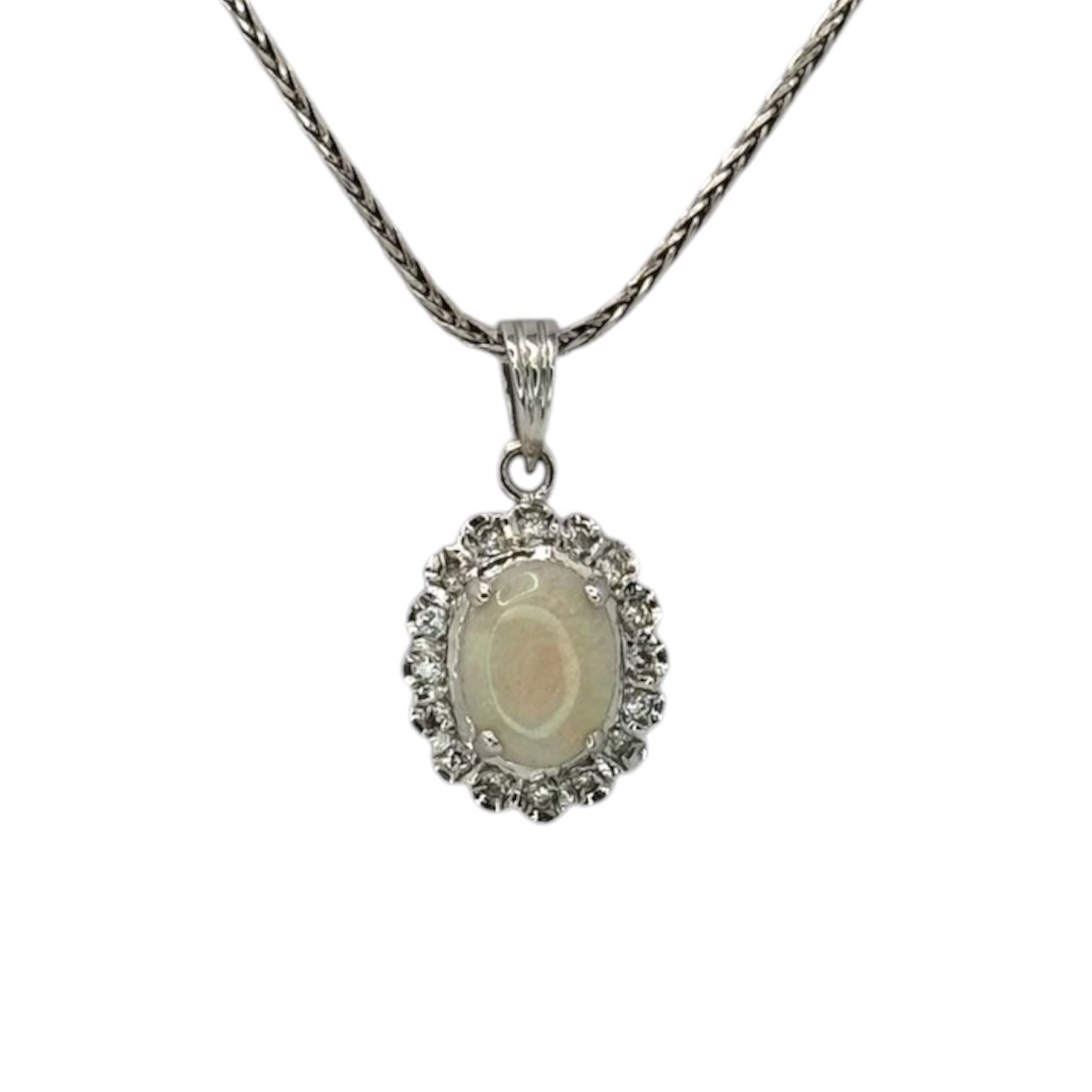 18K White Gold Opal Diamond Pendant With Necklace 4.5G