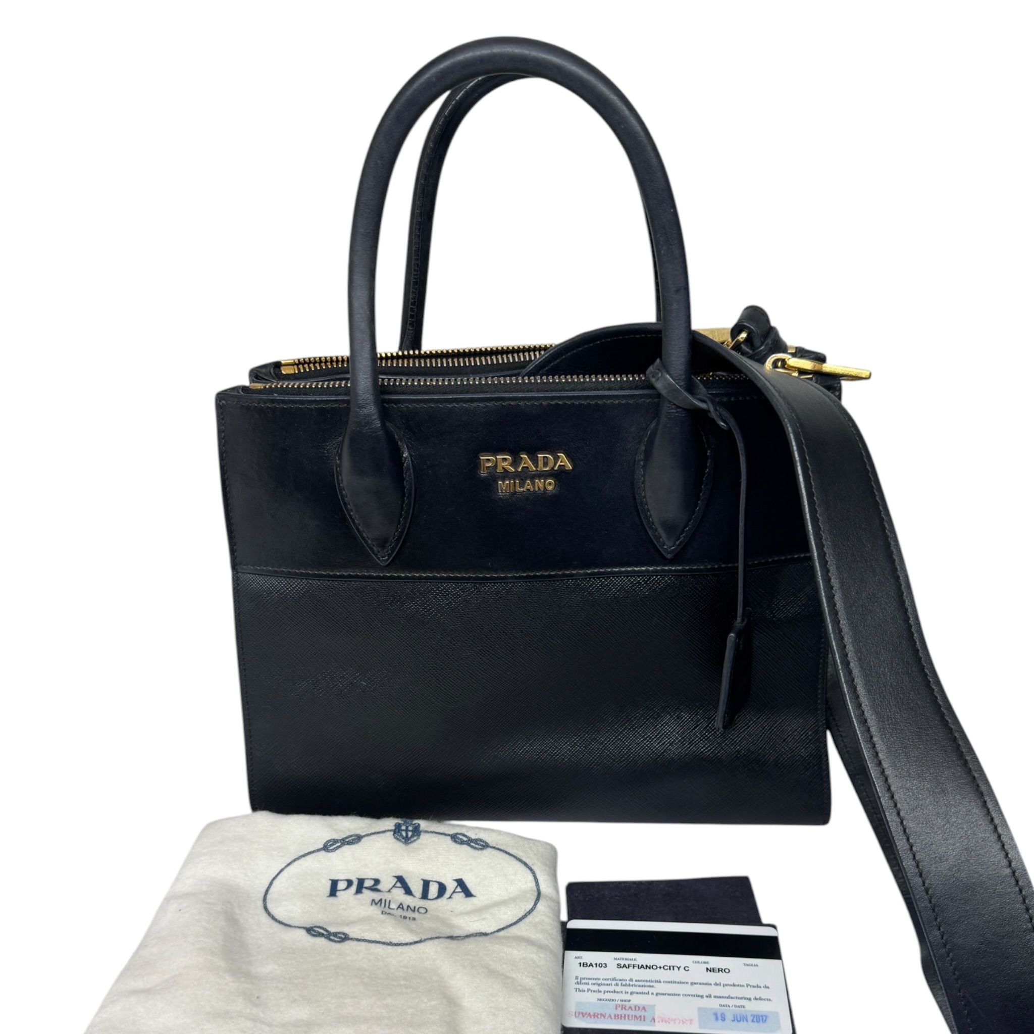 Prada Black Saffiano And City Calf Leather Paradigme Bag 1BA103