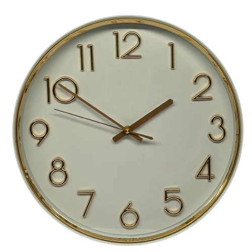 33 × 33cm Round Wall Clock with Gold Numbers & Trim - 23464