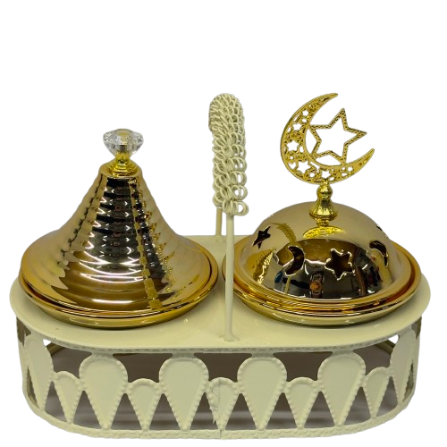 2-Piece White & Gold Incense Burner Set with Container - A5-5