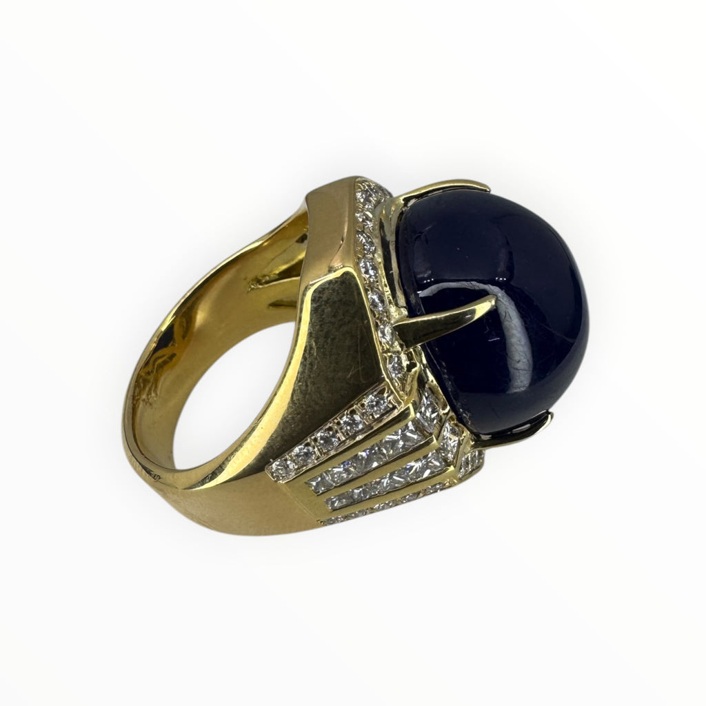Diamond Sapphire Men's Ring 750 Yellow Gold 27.2gm