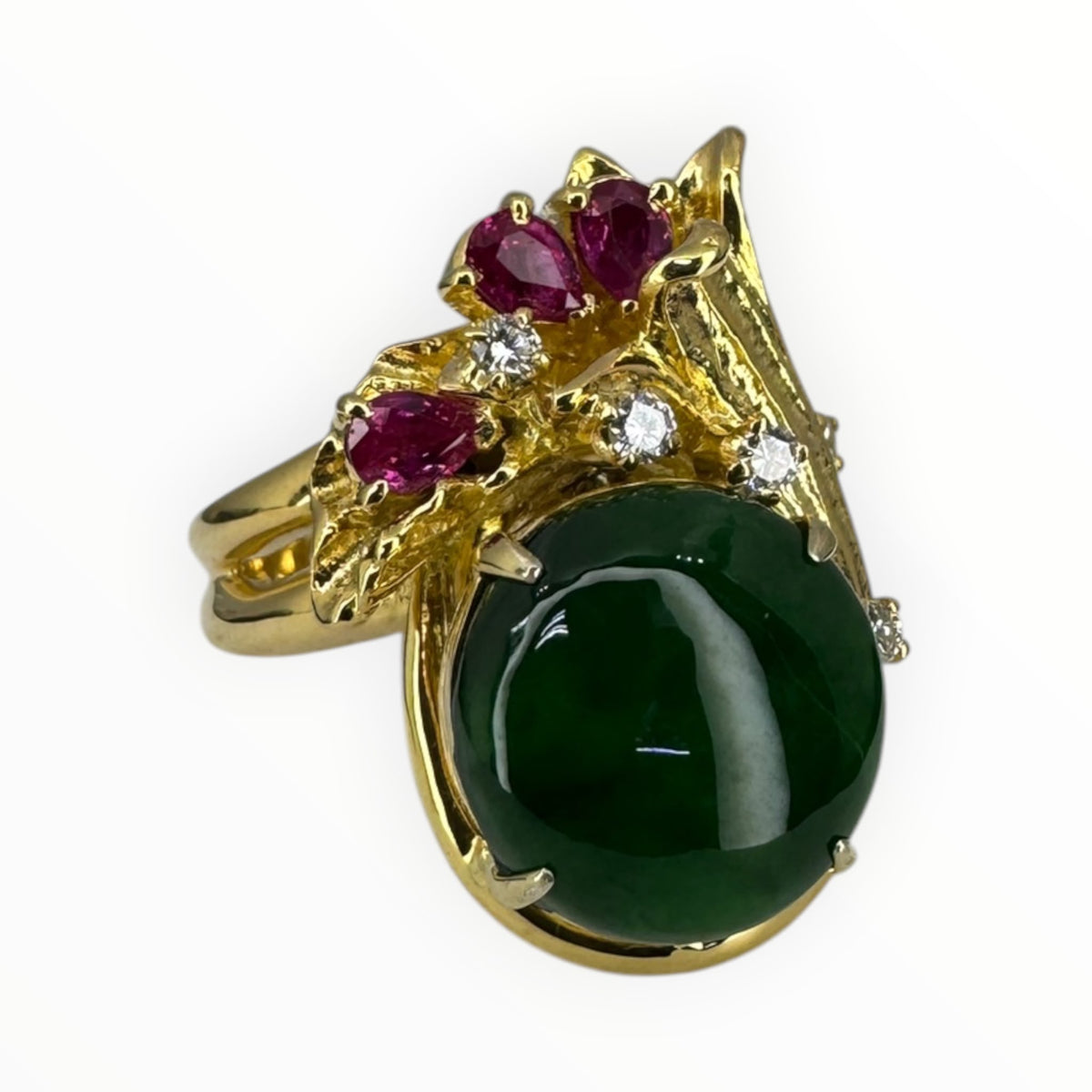 Natural Green Jadeite 'A' With Ruby Lady's Ring 18K Yellow Gold