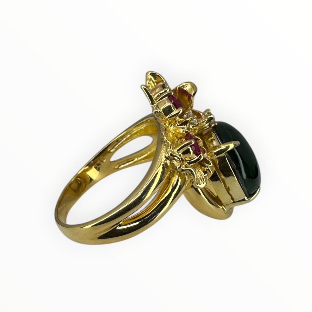 Natural Green Jadeite 'A' With Ruby Lady's Ring 18K Yellow Gold