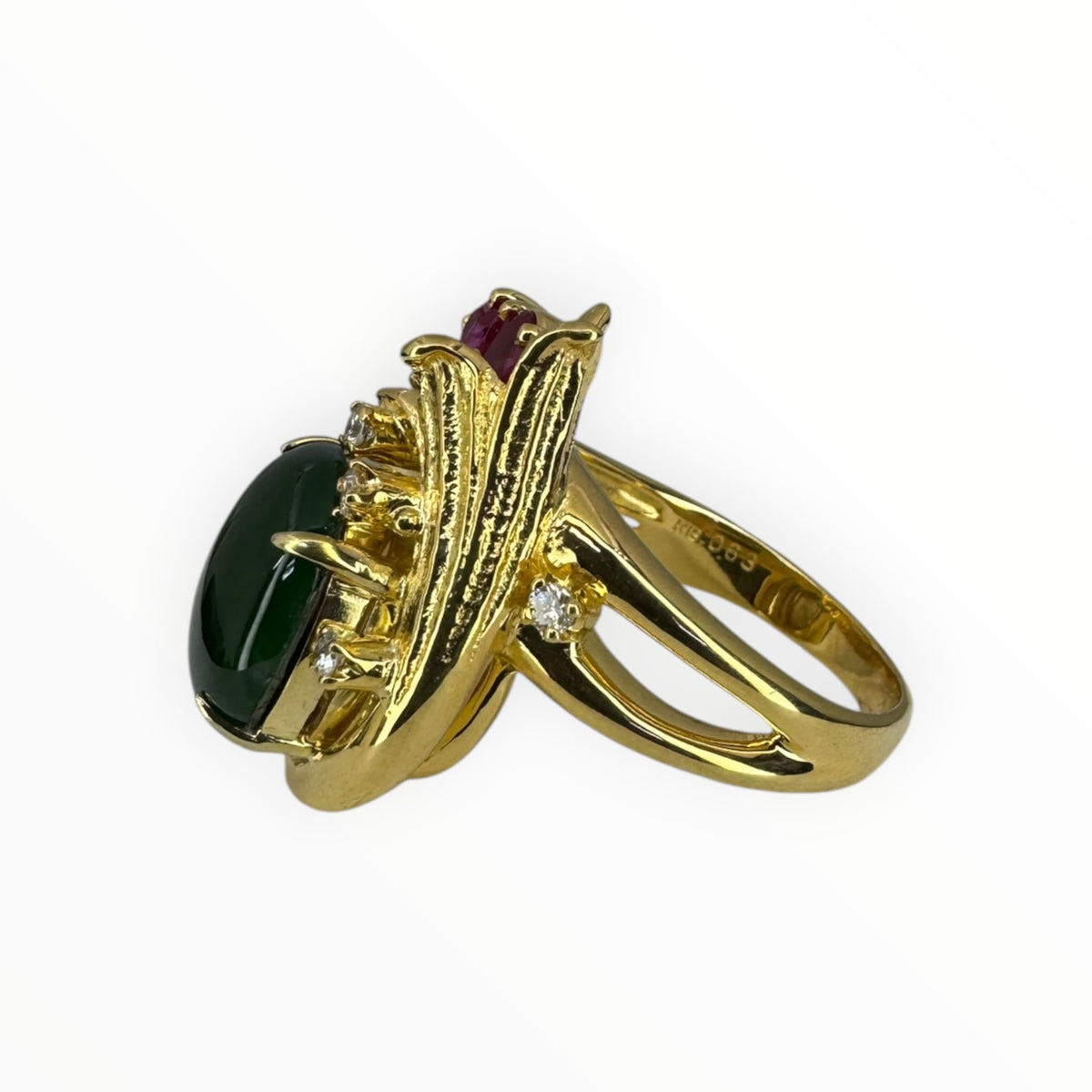 Natural Green Jadeite 'A' With Ruby Lady's Ring 18K Yellow Gold