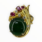 Natural Green Jadeite 'A' With Ruby Lady's Ring 18K Yellow Gold
