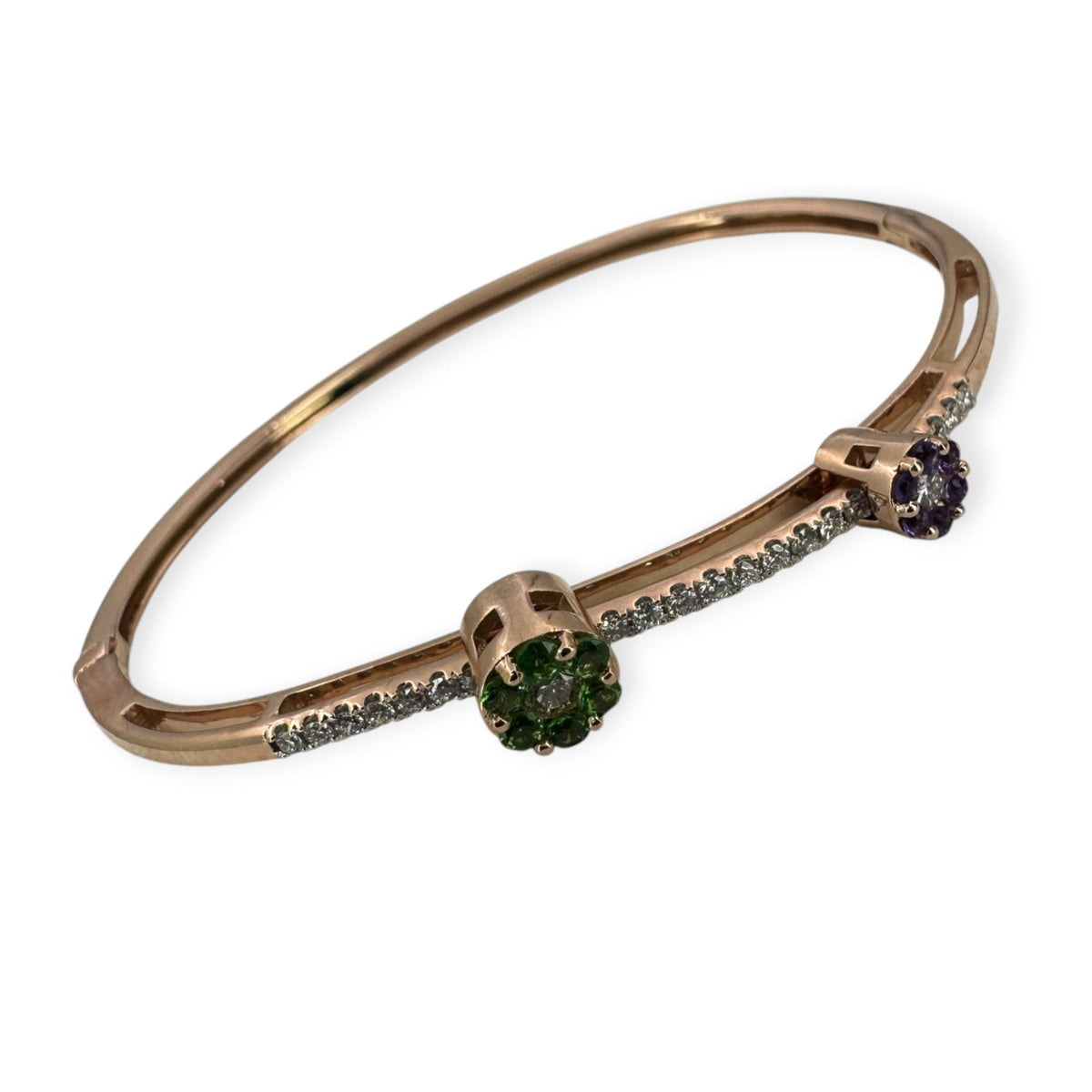 Bangle 14k Rose Gold Diamond , Purple and Green Gemstone