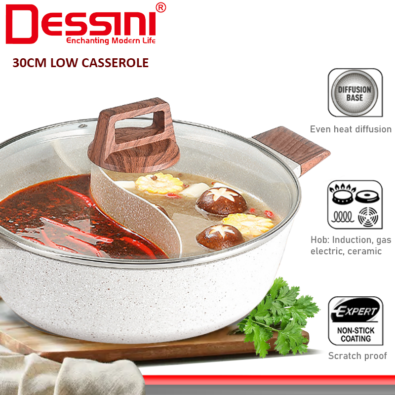 DESSINI ITALY 30CM Euro Maifan Stone Casserole Induction Double Flavor Divider Hot Pot Steamboat Bowl Pan Cookware PERIUK EUB-30-2F Main image