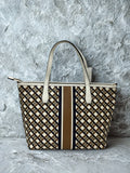 Tory Burch Womens Geo Logo Zip Tote Leather Brown Bag