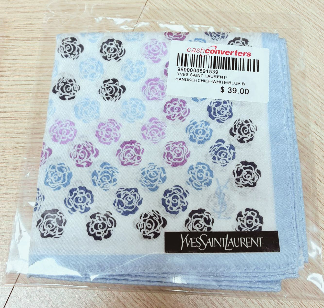 Vintage Yves Saint Laurent Rose Motif Handkerchief Blue