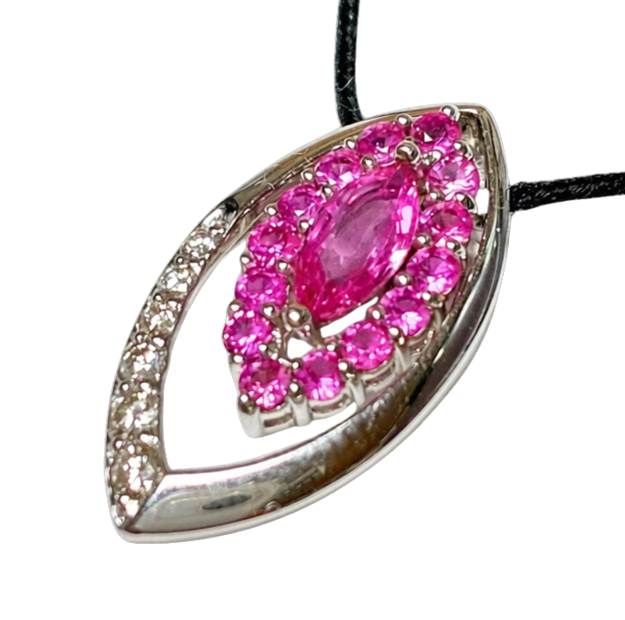 750 White Gold  Marquise Pink Sapphire And Diamond Pendant 2.6GM