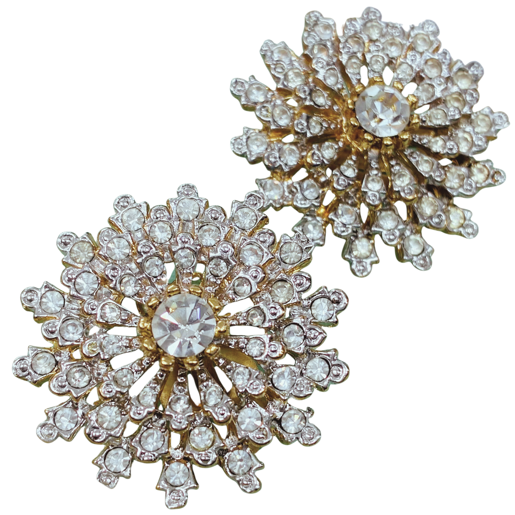Gold Tone Metal Vintage Crystal Starburst Clip On Earring