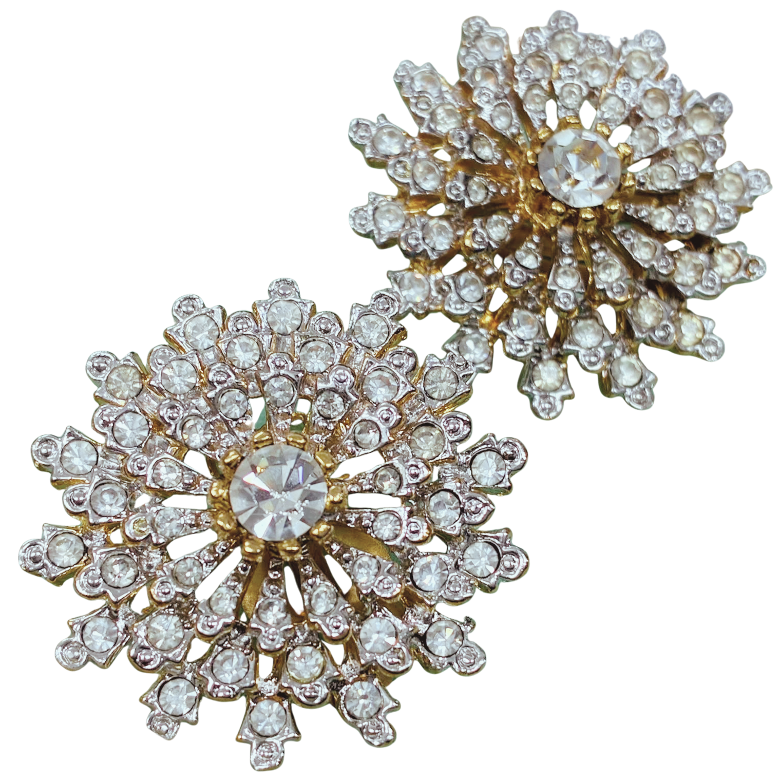 Gold Tone Metal Vintage Crystal Starburst Clip On Earring
