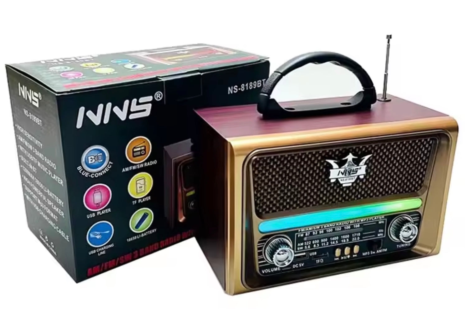 NS8189BT Portable Vintage Retro Wooden Extra Antenna Led Am Fm Radio With USB TF Music Player Main image