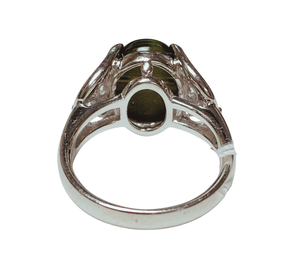 PT900 Cats Eye Green Tourmaline Cabochon And Diamond  Ring 8.7G