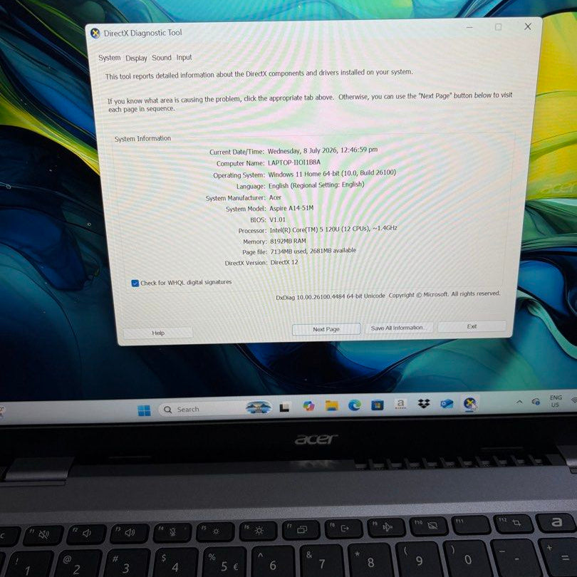 Acer A1451M 14in Intel Core 5 120U 8GB Ram 512GB SSD Win 11 Home Laptop